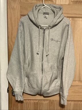 Champion Light Gray Full-Zip Hoodie with Embroidered Logo